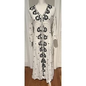 Free People Embroidered Fable Midi Dress 3/4 Sleeve in Ivory & Black Size Medium